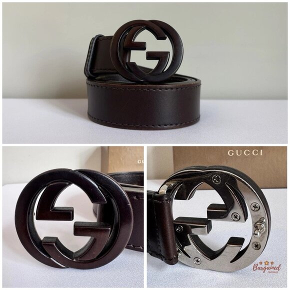 Authentic Gucci Dark Brown Leather Bamboo Interlocking G Buckle Belt 95/38 - Picture 2 of 13